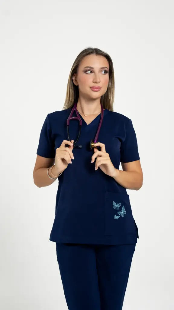 Navy Blue Butterfly Embroidered Medical Scrub Set – Women’s V-Neck Top Side zipper & Pants