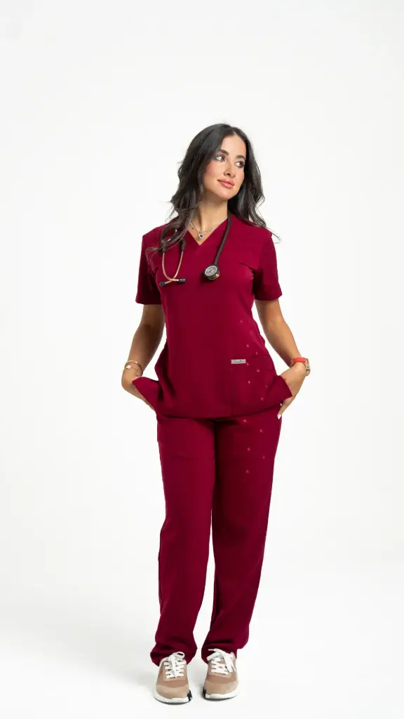Maroon Elegant Medical Scrub Set – Women’s V-Neck Top & Pants  