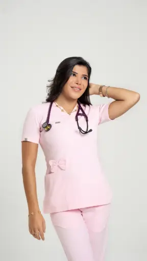 Pink Bow Accent Medical Scrub Set – Women’s V-Neck Top Side zipper& Pants 