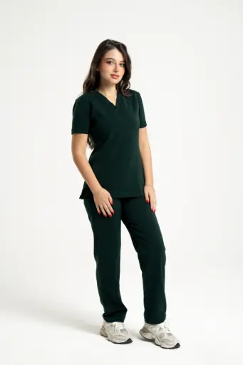 Green Elegant Medical Scrub Set – Women’s V-Neck Top Side zipper& Pants 