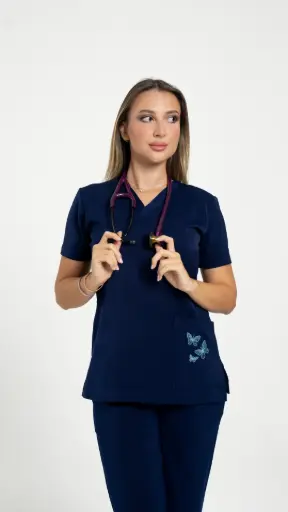 Navy Blue Butterfly Embroidered Medical Scrub Set – Women’s V-Neck Top Side zipper & Pants